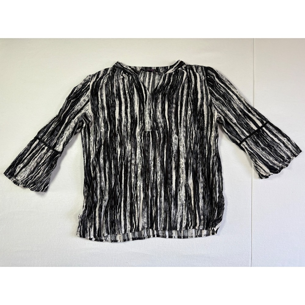 Gloria Vanderbilt Black White Abstract Stripe Bell‎ Sleeve V-Neck Blouse Small